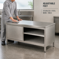 Table de travail de cuisine en acier inoxydable commercial 201 304 avec armoire à porte coulissante et étagère ouverte, table de préparation et de rangement pour restaurant