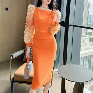 ZYHT 10864 2024 Neue Kleider Damen Mädchen Mode 3D Puffärmel Abend elegante Midi orange Partykleider für Damen