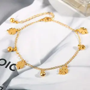 Stainless steel jewelry wholesale titanium steel gold four-leaf clover bracelet Feminine charm bracelet Bell bracelet