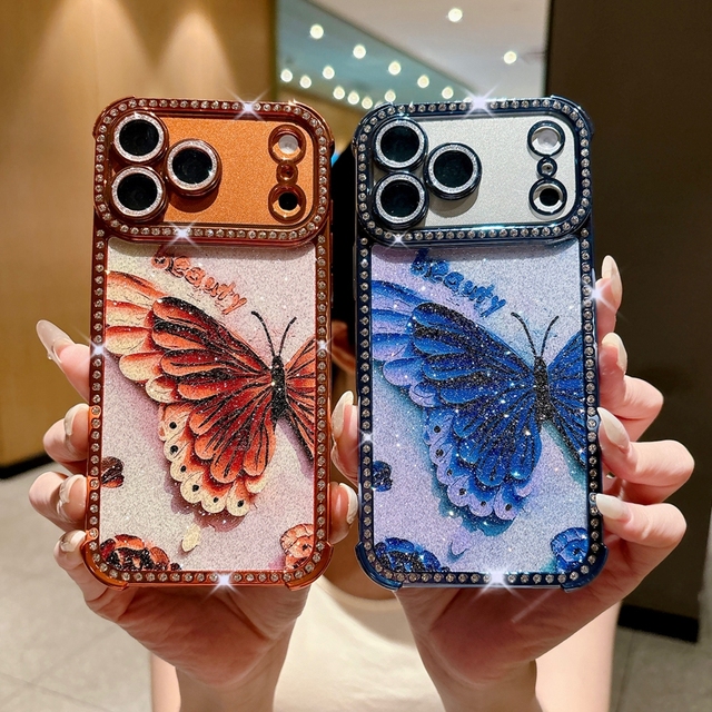 Bling Diamond Plating Butterfly Soft TPU Case for iPhone 18 17 Pro Max 16 15 14 13 Pro Back Cover With Camera Lens Protector