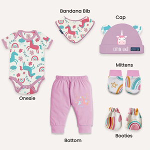 Conjunto de regalo para bebé niña, paquete de 6 prendas de recién nacido, conjunto de unicornio con mono, pantalones, gorro, manoplas, botines, babero, conjunto de algodón suave para bebé, lindo. - Product Image 1