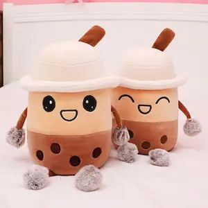 Cute Cartoon Bubble Tea Cup Shaped Pillow Real-life Pearl Milk Tea Plush Toys Stuffed Soft Back Cushion Funny Toy