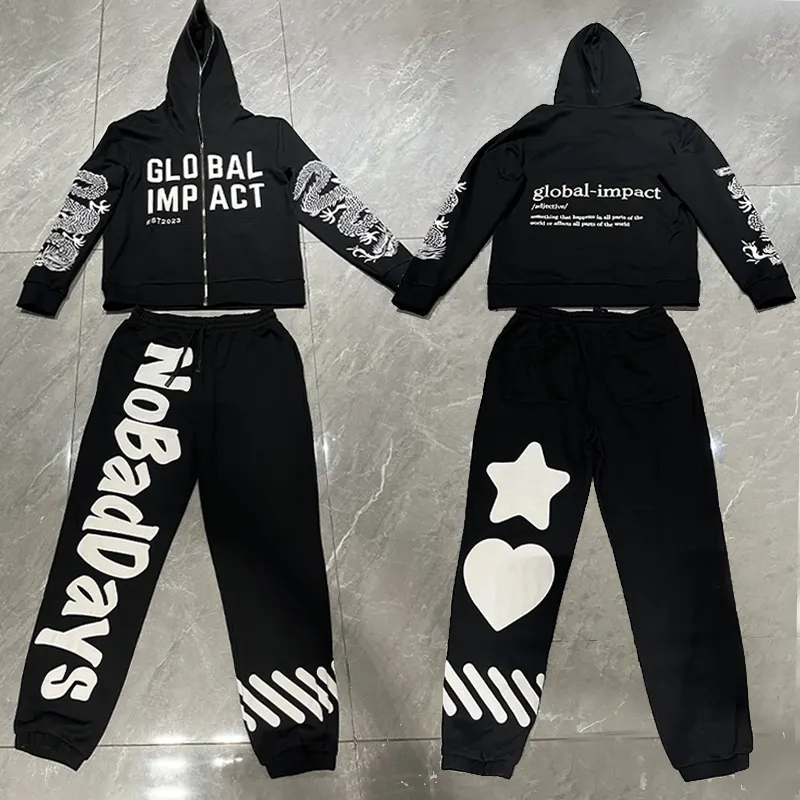 Distressed tracksuit Sweatsuit Hoodie Patchwork celana pria tracksuit untuk pria ditumpuk pelari Flared pria dua buah set pelari