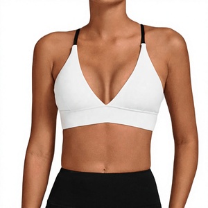 Women's White Sports Bra With Black Straps Deep V-Neck Adjustable Shoulder Straps Yoga Workout - Product Image 1