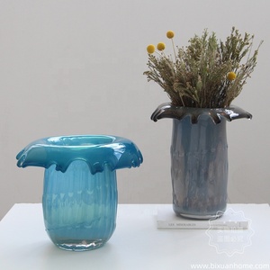 BIXUAN <span class=keywords><strong>boca</strong></span> soplada jarrón de cristal hecho a mano Borde de goteo fundido grueso arte pesado centro de mesa decoración moderna verde azulado humo gris jarrones - Product Image 5