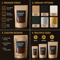 Sachet de café personnalisé en papier kraft avec fenêtre transparente, fermeture éclair refermable, pochette autoportante pour grains de café torréfiés