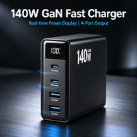 Chargeur mural rapide GaN 140W avec affichage numérique, USB-C PD140W, USB A QC30W, adaptateur secteur multi-appareils pour ordinateur portable et téléphone