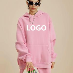 <b>Pink</b> Oversized Hooded <b>Sweatshirt</b> Unisex Solid Color Front Logo Print Fleece Cotton Autumn Wear - Product Image 1