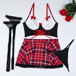 Ensemble de lingerie sexy à carreaux rouges tendance et très vendu, lingerie sexy à nœud croisé, uniforme de fille, ensemble quatre pièces - Product Image 3