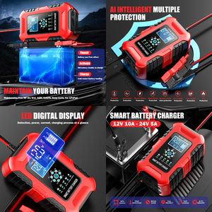 Cargador de Batería Automático Podofo 12V 10A 24V 5A con Pantalla LCD, Reparación por Pulsos, para Baterías de Plomo-Ácido, para Camiones, Motocicletas, LiFePo4, Gel, AGM - Product Image 2