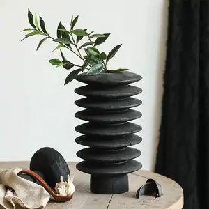 Black Corrugated Solid Wood Vase Decorations With Creative Design Wooden Crafts For Home Furnishings Of Home Stay