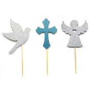 Décorations de gâteau de baptême de bébé en forme de colombe, croix d'ange à paillettes, décorations de gâteau de première Communion, fournitures de fête pour le festival