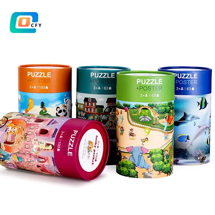 Hohe Qualität individuelle Puzzle Fabrik 63-teilig Kinder Puzzle interaktive Puzzle-Spiel-Spielzeug Karton Papier rohr mit Griff