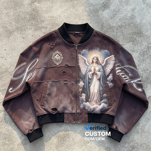 Großhandel ODM Bekleidung Schwergewichtiger Übergroßer Acid Wash Hoodie Distressed Sonnenverblasster Strass Jungfrau Maria Streetwear Kapuzenpullover - Product Image 3