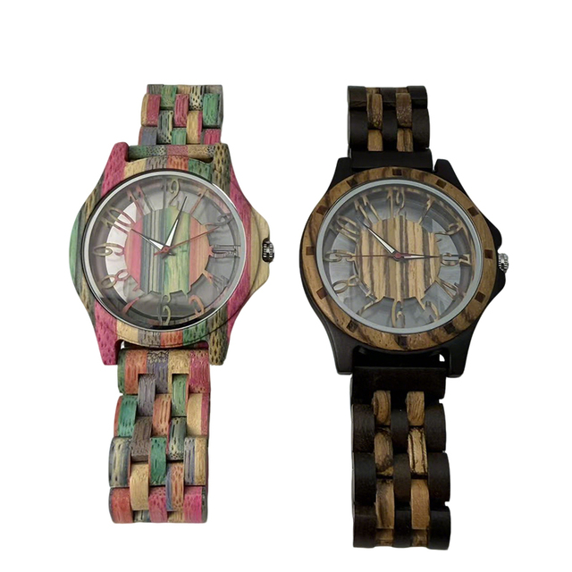 Factory Wholesale Fashion Quartz Glass Dial Eco-Friendly Business Wear Color Bamboo Strap Seiko Hollowed Men's Wood Wrist Watch