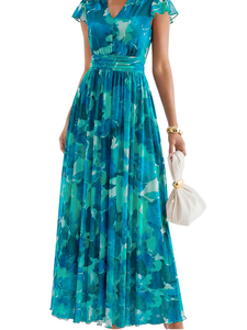 Vestido Largo hasta el Suelo para Mujer con Estampado Floral, Cuello en V, Cintura Imperio, Estilo Bohemio, para Fiesta de Primavera/Verano, Corte A, Holgado - Product Image 4