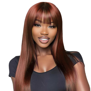 Parrucca Afro Lunga Ondulata con Radici Scure in <span class=keywords><strong>Capelli</strong></span> Remy, <span class=keywords><strong>Colore</strong></span> Castano Rossastro, in Offerta # <span class=keywords><strong>Capelli</strong></span> Umani in 33 Colori con Frangia - Product Image 4