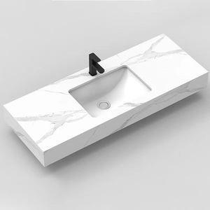 Vasque murale de salle de bain <span class=keywords><strong>en</strong></span> quartz, style hôtelier moderne et minimaliste, avec lavabo intégré et finition mate - Product Image 1