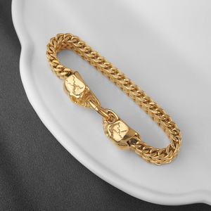 Pulsera para Hombre de Acero Inoxidable, Cadena Doble Franco Pesada con Cabeza de Calavera, Joyería para Motociclistas, Pulsera Cubana Dorada - Product Image 3