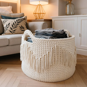 Cestas de Ropa Decorativas y Elegantes con Borlas Blancas, Cestas de Lavandería Redondas Extra Grandes de Cuerda de Algodón para Sala de Estar, Precio al por Mayor - Product Image 6