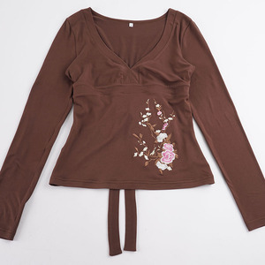 Haut à manches longues à col en V avec broderie florale, taille nouée, coupe ajustée, style vintage rétro, élégant, flatteur, basique et décontracté - Product Image 6