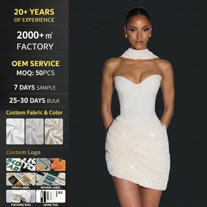 Vestido <span class=keywords><strong>de</strong></span> <span class=keywords><strong>Fiesta</strong></span> Mini Sexy Blanco Personalizado sin Tirantes con Lentejuelas, Corsé <span class=keywords><strong>de</strong></span> Retazos, Fruncido y Gargantilla - Fabricante <span class=keywords><strong>de</strong></span> <span class=keywords><strong>Ropa</strong></span> - Product Image 1