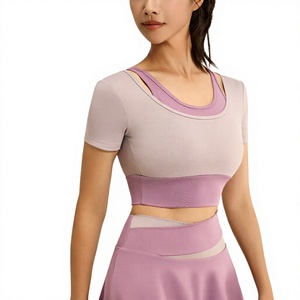 Women's Breathable Built-in Bra Pad Yoga <b>Top</b> Crew Neck Short Sleeve Regular Fit Plus Size Solid <b>Shrug</b> Cropped Activewear - Product Image 2