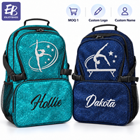 Sac à dos de club de gymnastique bleu avec personnalisation pour athlètes, détails du logo en cristal et accents de fermeture éclair personnalisés pour les équipes féminines