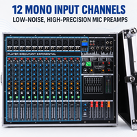 Console de mixage amplifiée 12 canaux EM-12ant 600W x 2 avec amplificateur de puissance, flight case, égaliseur 7 bandes, 24 DSP, USB, Bluetooth, 48V pour scène live et église