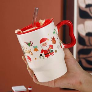 Mug en céramique avec couvercle et paille, motif de Noël de dessin animé, haute qualité, cadeau, motif Père Noël et sapin de Noël, résistant aux hautes températures - Product Image 3