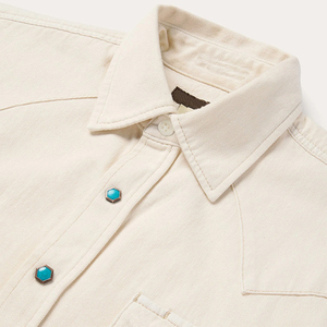 Camicia Western in <span class=keywords><strong>Denim</strong></span> 100% Cotone con Frontino Profondamente Curvato, Colore <span class=keywords><strong>Ecru</strong></span>, Lavaggio Garment, Chiusura Classica con Bottoni a Pressione - Product Image 4