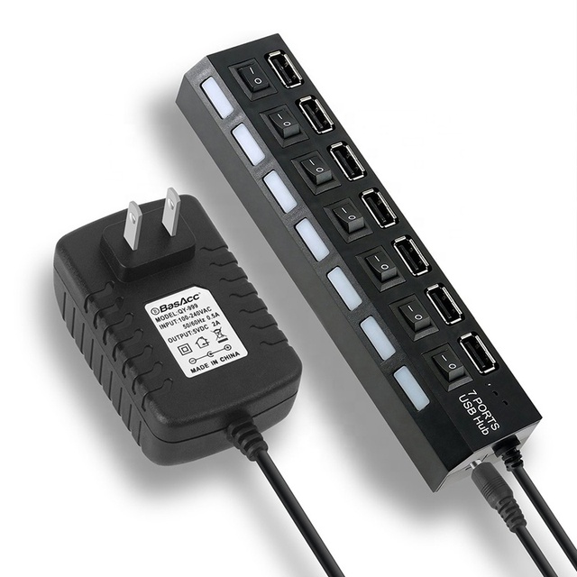 Xput 7 Ports USB2.0 High Speed Hub Individual on Off Switches Multi Port Powered Splitter Adapter for Laptop Desktop Office Use