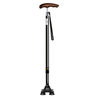 I07TSFC28- # I1 #   Canne de marche télescopique réglable en fibre de carbone avec poignée en bois et base à quatre pieds pour personnes âgées