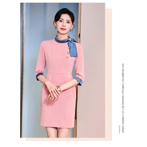 Pink Mandarin Collar Sheath Dress Women Three Quarter Sleeve Solid Color Professional Career Workwear - Product Image 1