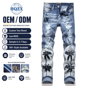 <span class=keywords><strong>Jeans</strong></span> de mezclilla elásticos azules claros para <span class=keywords><strong>hombre</strong></span>, corte recto, ajuste <span class=keywords><strong>regular</strong></span>, lavados, desgastados y rotos, con bordado personalizado al por mayor - Product Image 1