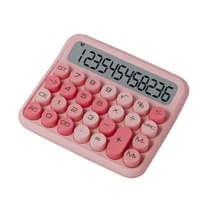เครื่องคิดเลขอิเล็กทรอนิกส์แบบปุ่มกลม12หลักสำหรับเครื่องคิดเลขธุรกิจพร้อมกุญแจที่มีสีสันแบตเตอรี่ AAA
