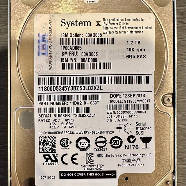 1.2GB 10k rpm 6G SAS SFF Hard Disk Drive 00AD086 00AD085 2.5" G2HS SED HDD