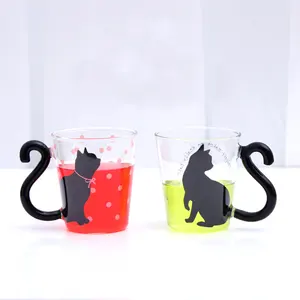 Taza de té con estampado divertido de dibujos animados para niños, taza de café de vidrio con forma de gato negro bonito, Rosa 3d animal, con mango