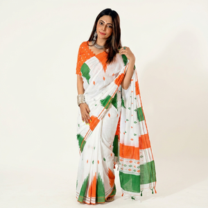 Sari indio estampado de algodón con blusa de manga corta con estampado naranja, verde y blanco para fiesta - Product Image 1