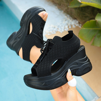 Sandales compensées pour femmes, style Dad, avec empeigne en tricot, à lacets, semelle épaisse, bout ouvert, chaussures décontractées tendance pour l'été