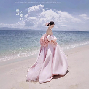 Pink Satin Ball Gown Wedding Dress Sweetheart Neckline Long Train Beach Photography - Product Image 4