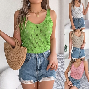 Top de punto sin mangas con cuello <span class=keywords><strong>en</strong></span> V y diseño de hojas huecas <span class=keywords><strong>en</strong></span> color liso, novedad de verano, chaleco de vacaciones <span class=keywords><strong>para</strong></span> <span class=keywords><strong>mujer</strong></span>. - Product Image 2