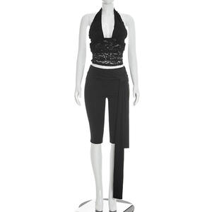 Viviblook J26ST073 Ensemble assorti pour femmes, nouveau haut en dentelle sexy sans manches, pantalon court, ensemble d'été 2 pièces - Product Image 3