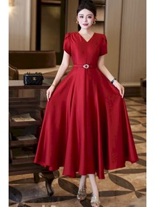 French Vintage Solid Elegant Fashion Big Swing Drapey <strong>Temperament</strong> Women's Waist Slimming Short Sleeve High-end Summer Long Skirt - Product Image 3