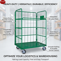 Chariot de manutention logistique en acier vert robuste à 3 faces avec base solide pour la distribution en grande quantité
