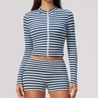 Ensemble de yoga pour femmes, veste à col montant zippée à rayures, short double face brossé, coupe ajustée, respirant, vêtements de sport pour l'entraînement