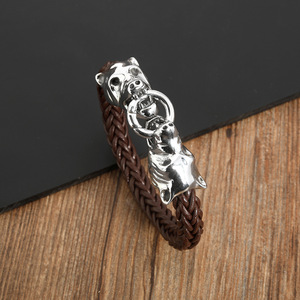 Bracelet en alliage tête de loup, en cuir tressé, design du zodiaque animal, pour hommes et femmes, bijoux - Product Image 1
