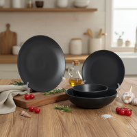 Service de table de luxe 4 pièces en céramique grès noire à glaçure réactive, compatible micro-ondes et lave-vaisselle, résistant à la chaleur et anti-fuite