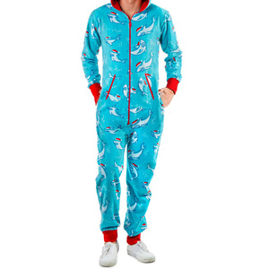 Baju terusan lengan panjang pria, jumpsuit Natal poliester lembut cetak piyama bertudung Natal satu buah - Product Image 5