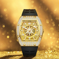 Montre mécanique automatique tonneau squelette en or avec bracelet en silicone, personnalisable avec logo OEM, sertie de diamants Moissanite